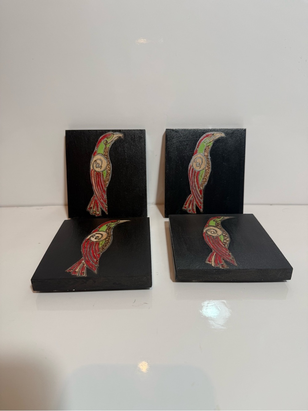 Carved Wooden handpainted bird Coasters - Set of 4